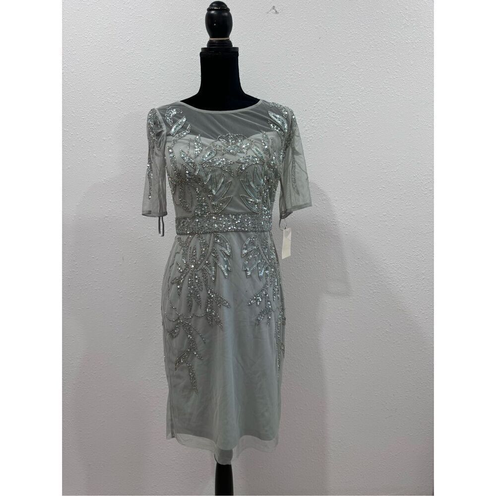 Papell Studio Beaded Cocktail Dress In Sage Green With Sequin Details size4‎